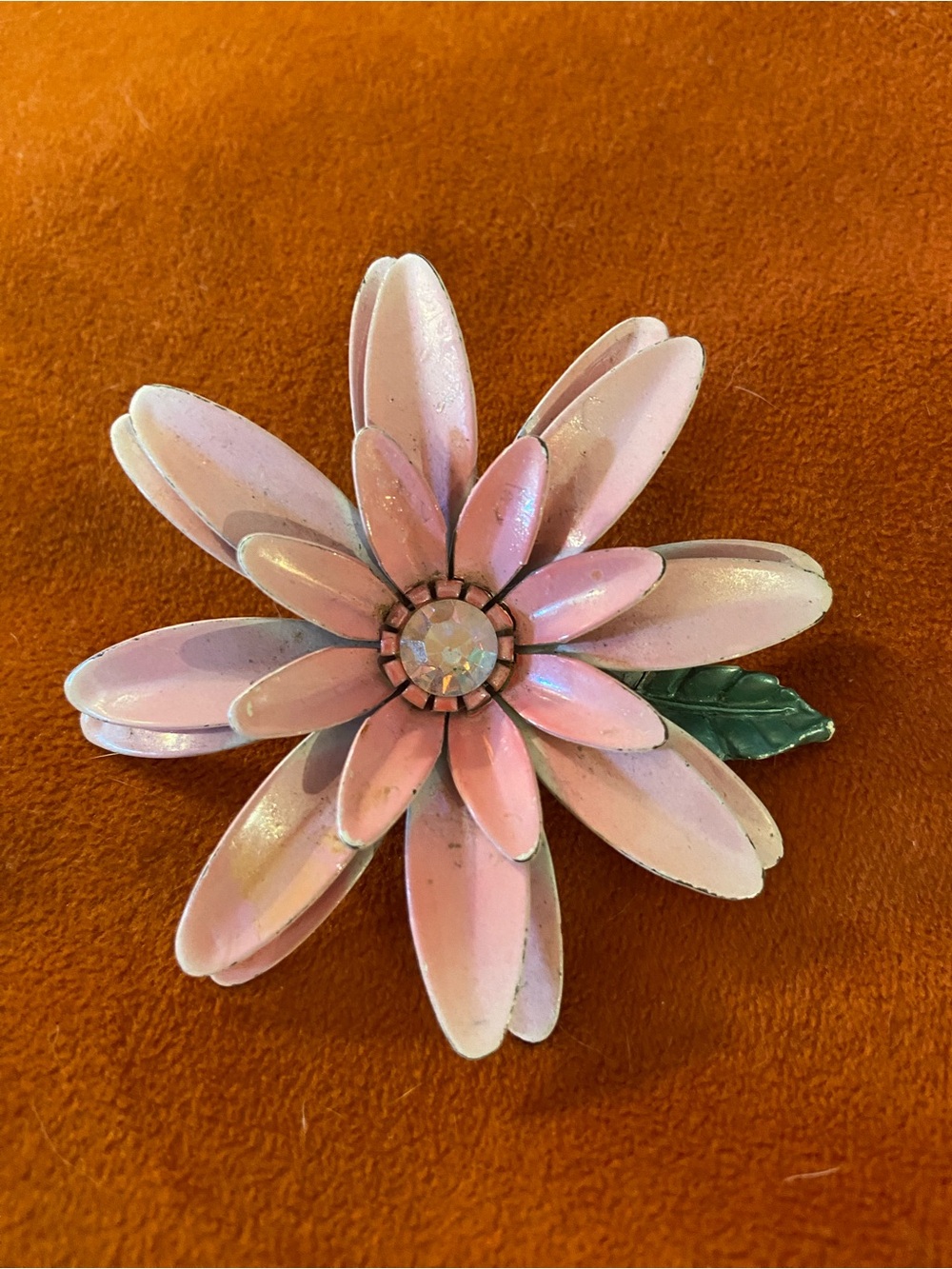 Vintage Pink Flower Petal Brooch with Green Leaf and Rhinestone Center